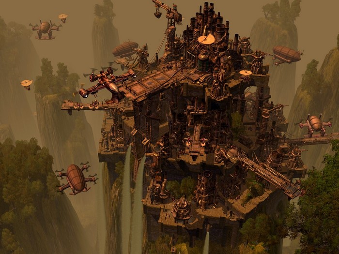 Steampunk city on floating islands with airships