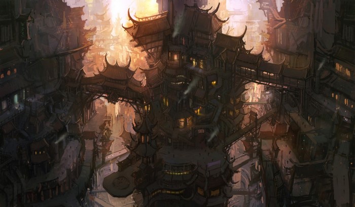 Steampunk city with traditional Asian architecture