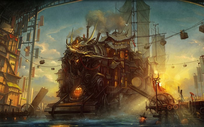 Steampunk dragon ship in a fantastical city