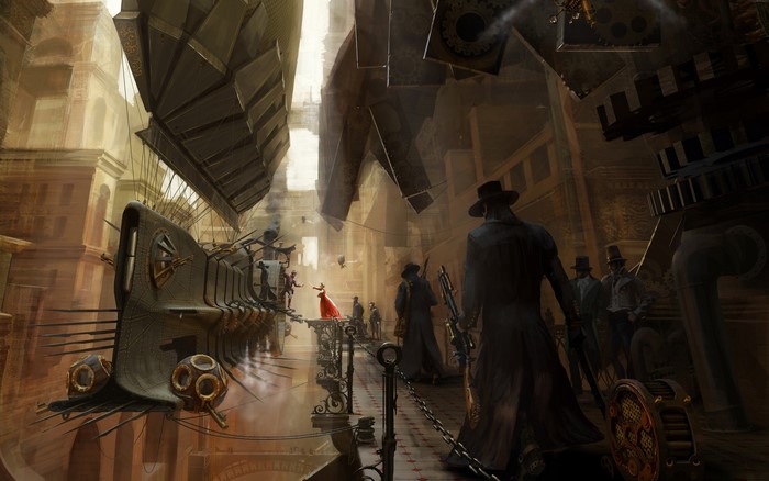 Steampunk city with airships and people