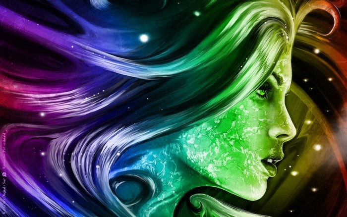 Abstract artwork of a woman's profile with colorful hair