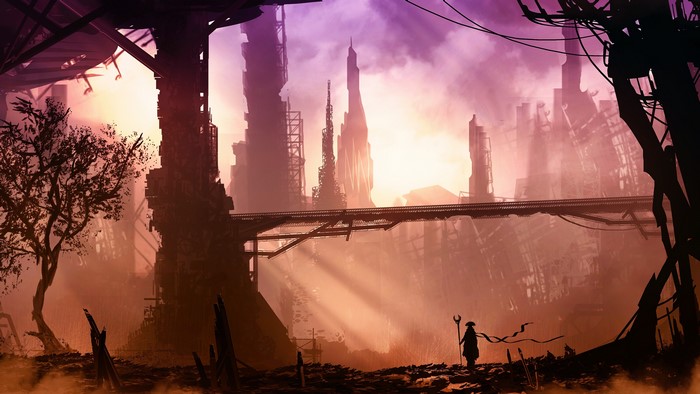 Post-apocalyptic city with a lone figure