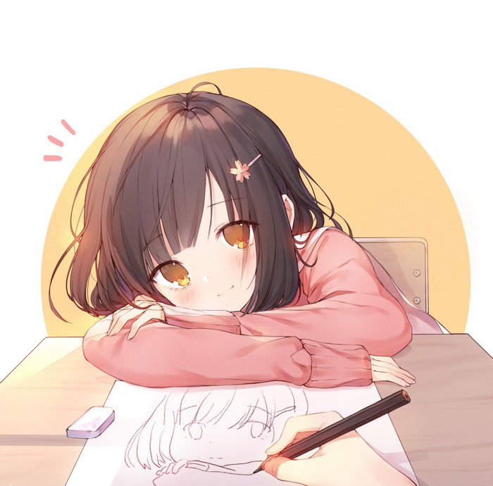 Anime girl with brown hair drawing at a desk
