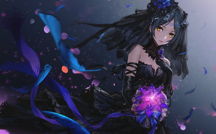 Anime girl in black dress with blue flowers