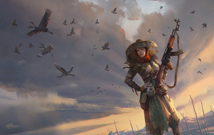 Vietnam War Woman Warrior with AK-47 and Birds