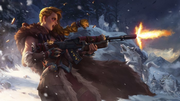Tyra from Paladins shooting a rifle in winter