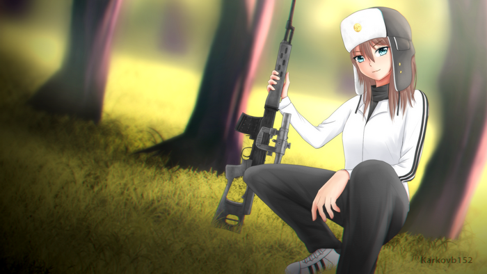 Anime girl with Dragunov sniper rifle in forest