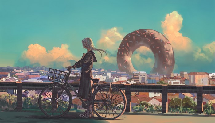 Anime girl with bicycle and giant donut cityscape