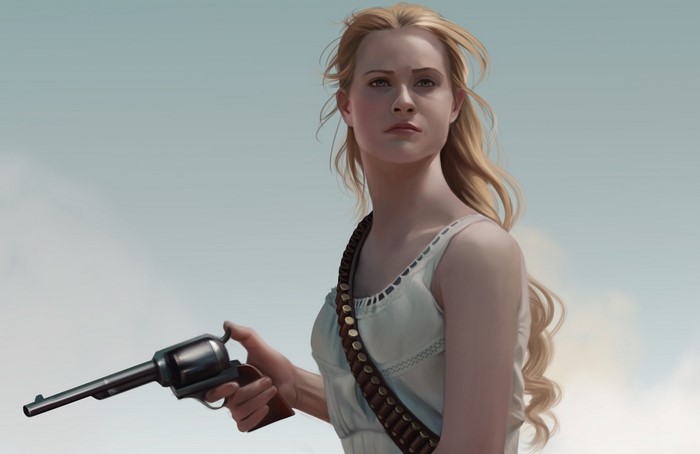 Dolores Abernathy from Westworld holding a revolver