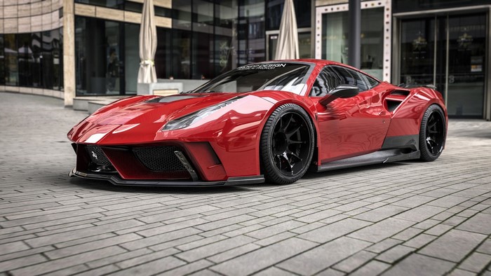 Red Ferrari 488 with custom body kit