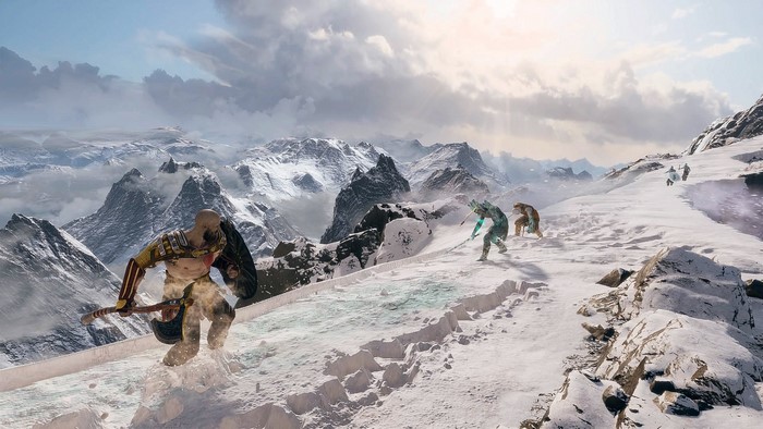 Kratos from God of War in a snowy mountain landscape