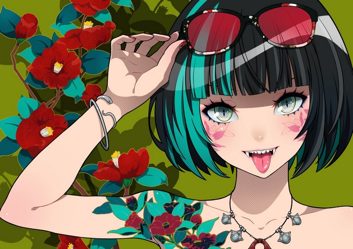 Anime girl with fangs and sunglasses among flowers
