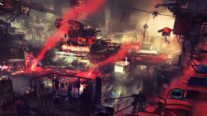 Futuristic cyberpunk cityscape with red smoke