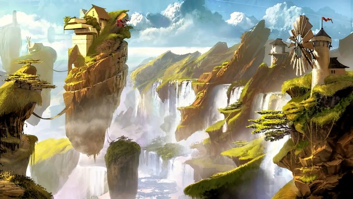 Fantasy floating islands with waterfalls and windmills