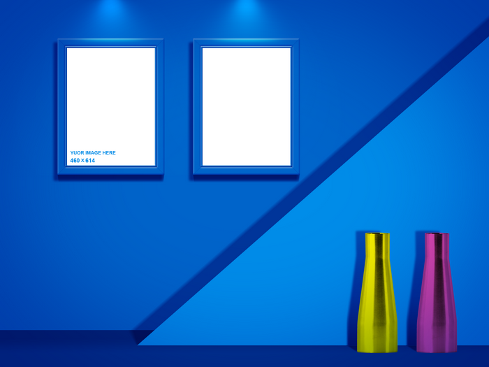 Two blue frames on a blue wall with vases