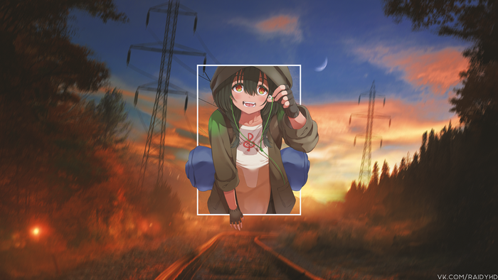 Anime girl with headphones on train tracks at sunset