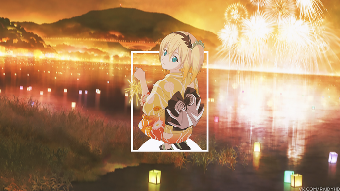 Anime girl in yukata with fireworks and lanterns