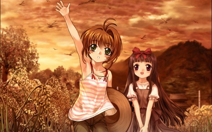 Two anime girls in a field with dragonflies