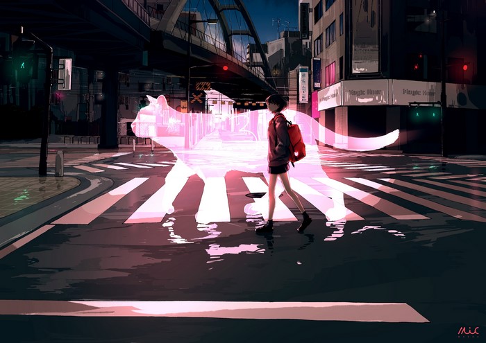 Anime girl and cat silhouette in city at night
