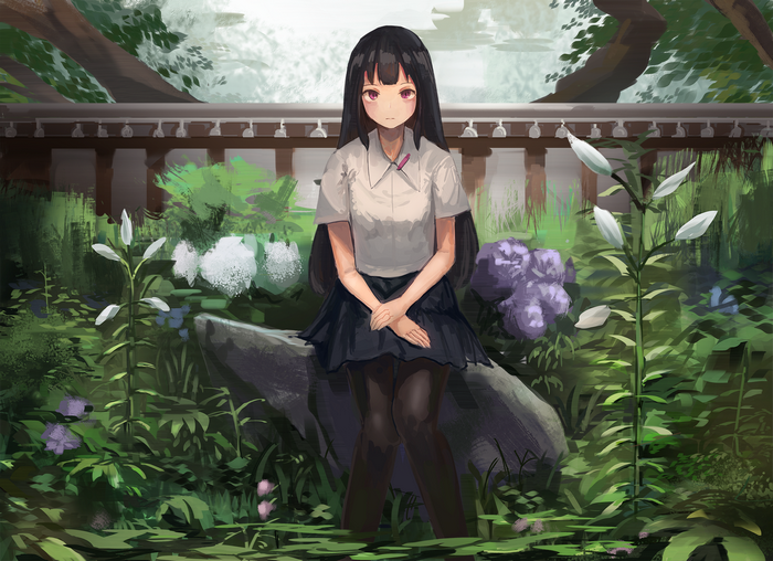 Anime girl with long dark hair sitting in a garden