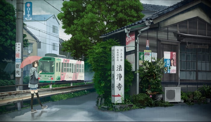 Anime girl with umbrella in the rain near a tram