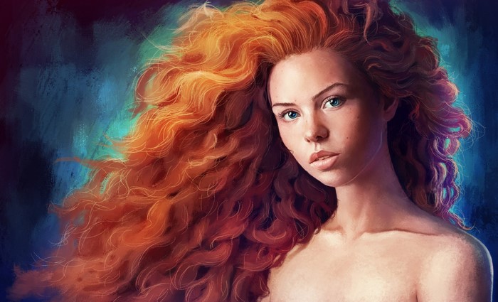 Artwork of a redhead woman with long flowing hair