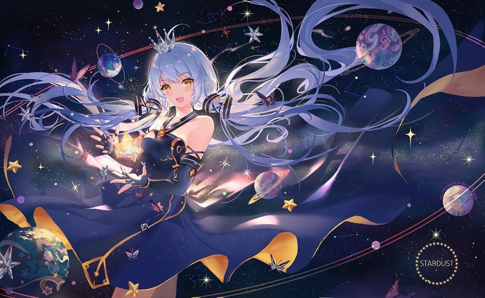 Stardust (Vocaloid) anime girl with crown and blue dress in space