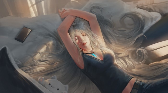 Woman sleeping on a bed with a phone and a plush toy