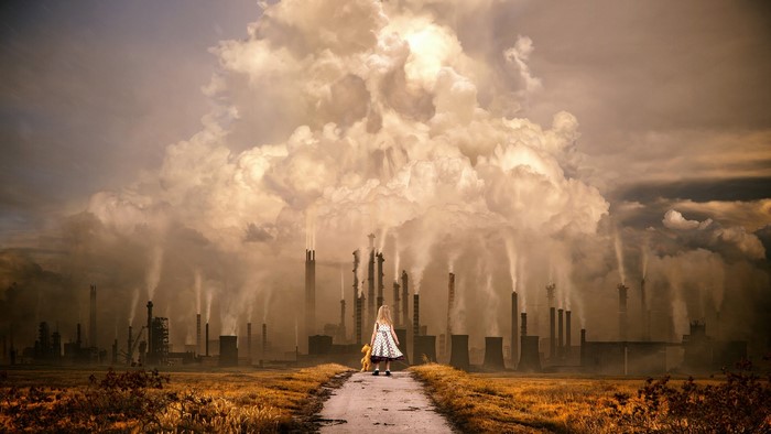 Child with teddy bear facing industrial pollution