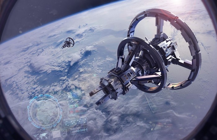 Space station orbiting Earth with HUD interface