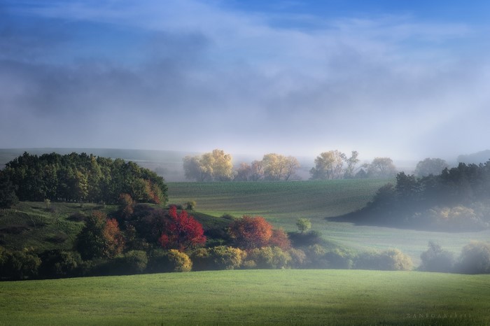 Misty landscape with autumn trees and blue sky