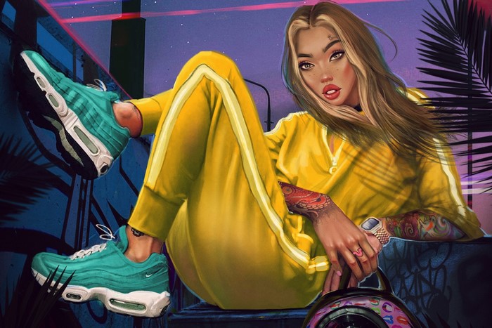 Artwork of a woman with blonde hair and tattoos