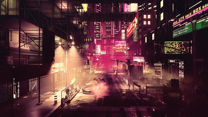 Cyberpunk City Street at Night with Neon Signs