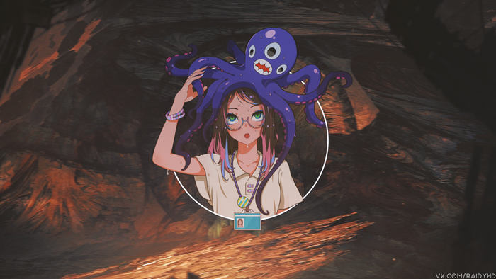 Anime girl with octopus on head and ID badge