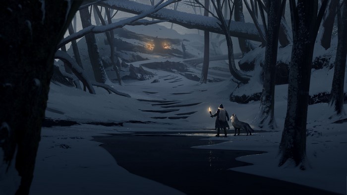 Person and wolf in a snowy forest with torches