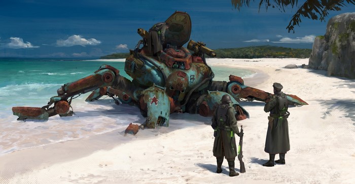 Soviet mech wreck on a tropical beach with soldiers