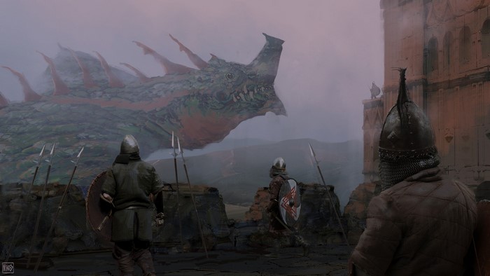 Warriors with spears and shields face a dragon near a castle