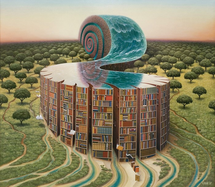 Surreal library with water flowing from a spiral into a forest