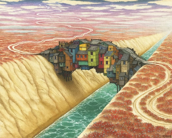 Artwork by Jacek Yerka: Houses on a bridge over a river