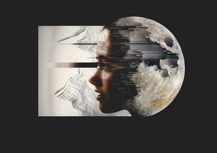 Woman's face dissolving into moon with glitch art effect