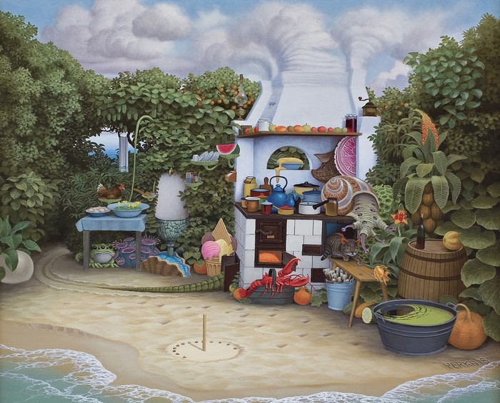 Jacek Yerka surreal kitchen with animals and food