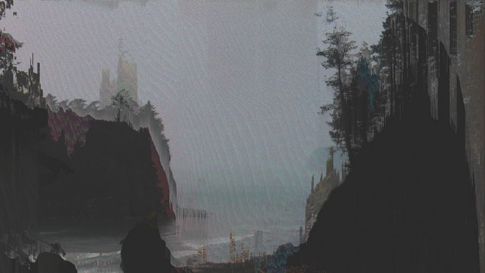Glitch art landscape with surreal castle and trees