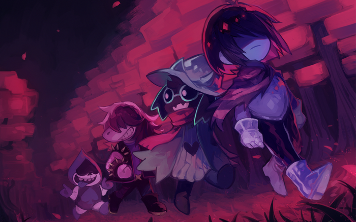 Deltarune characters walking in a dark, red environment