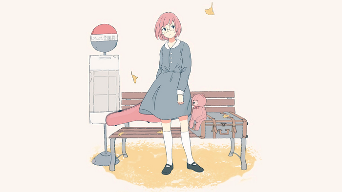 Anime girl with pink hair and glasses at bus stop