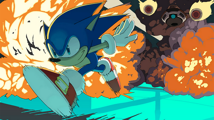 Sonic the Hedgehog running from explosions