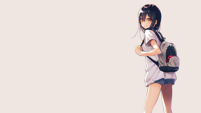 Anime girl with dark hair and yellow eyes wearing a backpack