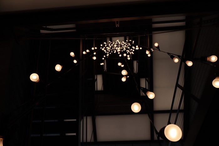 String lights in a dark interior