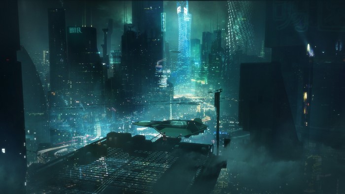Cyberpunk city at night with futuristic aircraft