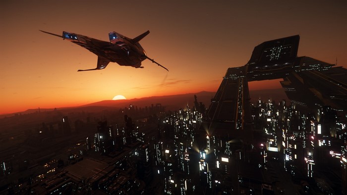 Star Citizen spaceship flying over futuristic city at sunset
