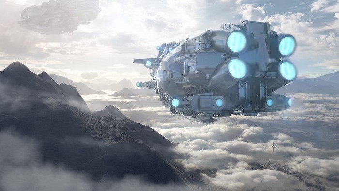 Futuristic spaceship flying over mountains and clouds
